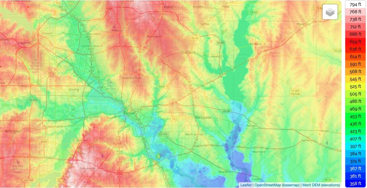 Mappa altimetrica di Dallas